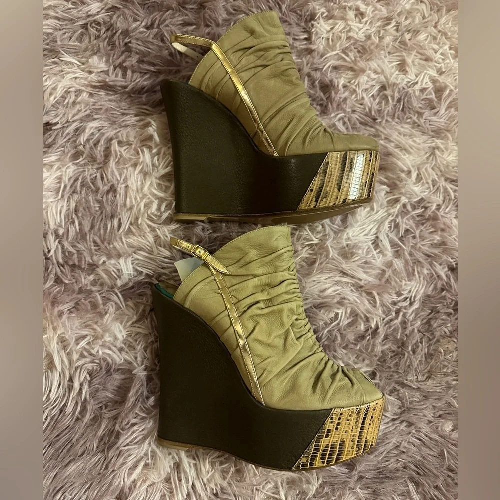 COPY - New Baldan Brown and Tan Leather Suede Peep Toe Sandal Wedges Size 38
